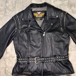 Harley-Davidson Women's Studded Black Leather Motorcycle Jacket Size L Belted 🔥